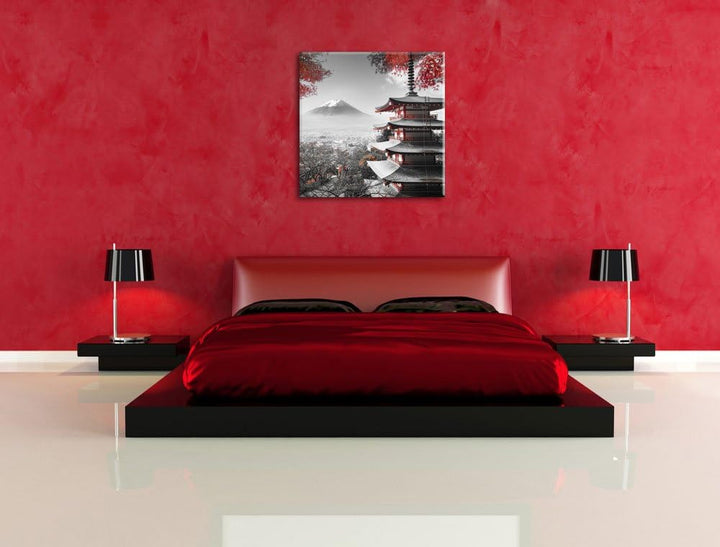Pixxprint Japanischer Tempel im Herbst Schwarz/Weiss, Format: 70x70 auf Leinwand, 70x70