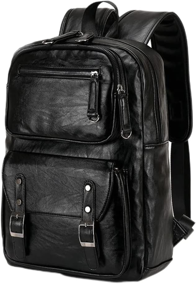 NIDONE Herren PU Leder Rucksack grosse Kapazität Casual Daypack Schwarz Computer Rucksack für Busine