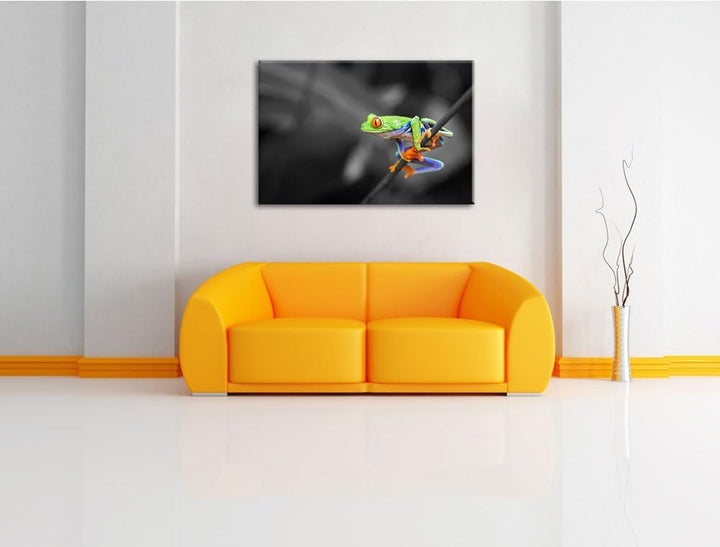 kleiner Frosch auf Zweig schwarz/weiss Format: 100x70 auf Leinwand, XXL riesige Bilder fertig gerahm
