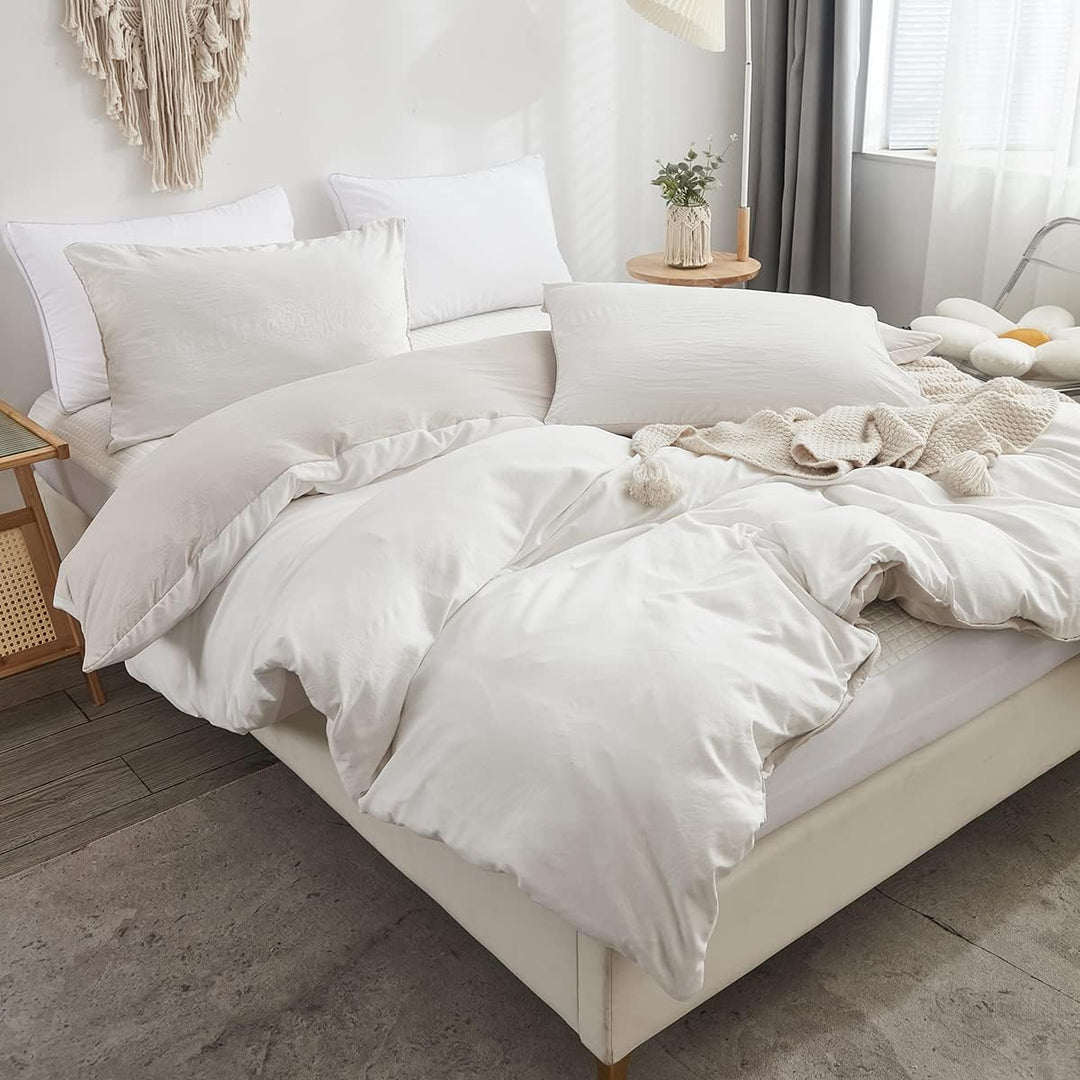 Freyamy Wendbar Bettwäsche 135x200cm 2teilig Weiss Beige Unifarben Uni Wendebettwäsche Gewaschene Mi