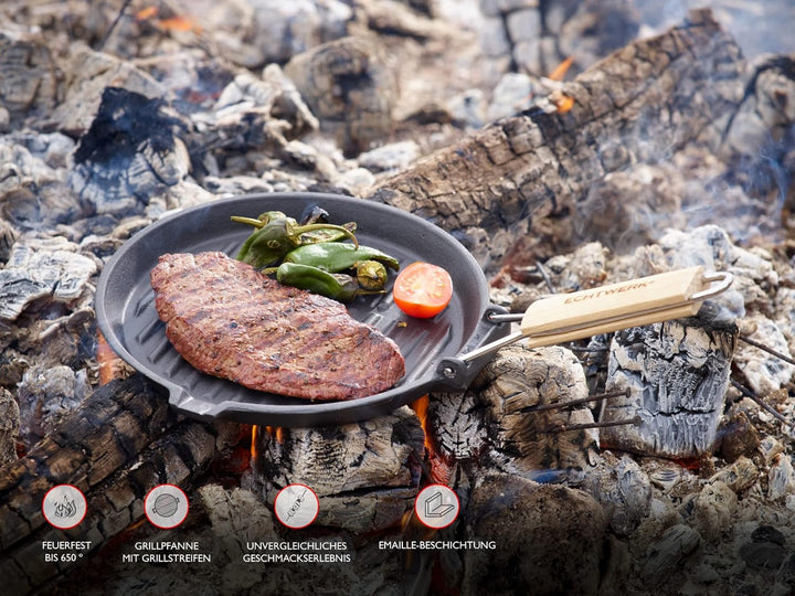 ECHTWERK EW-GE-1235 Grillpfanne aus Gusseisen mit Grillstreifen-mit Holzgriff, Schwarz