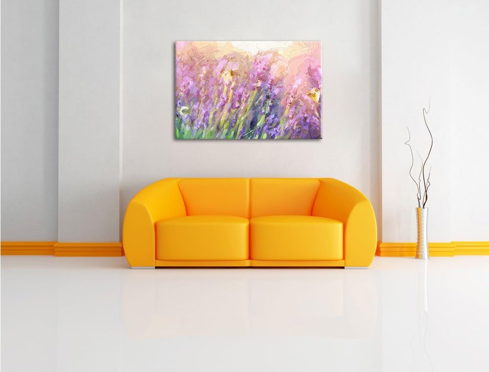 Pixxprint Schmetterlinge auf Lavendelblumen Kunst Pinsel Effekt, Format: 100x70 auf Leinwand, 100x70