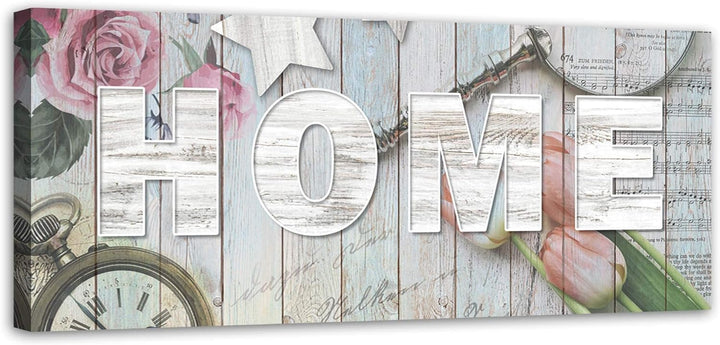 Feeby Bild auf Leinwand Haus 90x30 cm Kunstdruck modern Rosen Tulpen Blumen Küche Beige Leinwandbild
