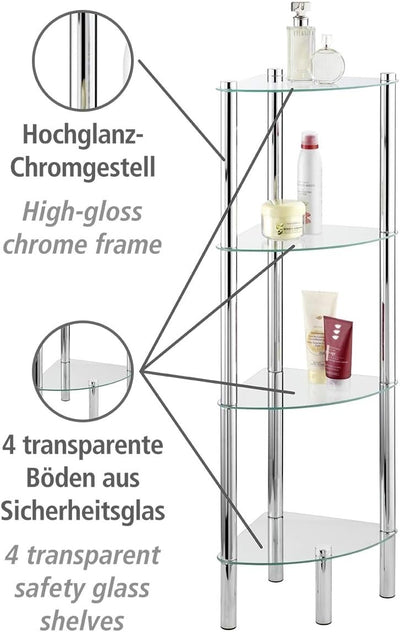 WENKO Eckregal Yago mit 4 Glasablagen - Badregal, Edelstahl rostfrei, 30 x 104 x 30 cm, Glänzend 4 E