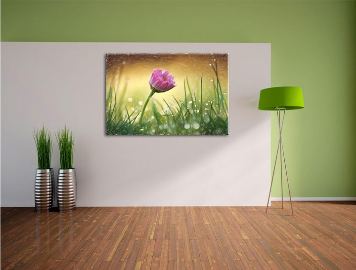 Pixxprint rosa Gänseblümchen im Gras Kunst Buntstift Effekt, Format: 100x70 auf Leinwand, 100x70