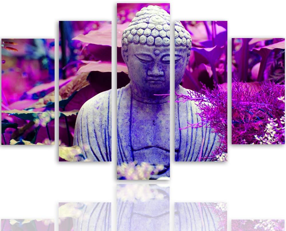 Feeby Wanddeko XXL Buddha Leinwandbild 5 Teilig Abstrakt Blätter Natur violett 100x70 cm Leinwandbil