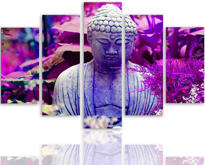 Feeby Wanddeko XXL Buddha Leinwandbild 5 Teilig Abstrakt Blätter Natur violett 100x70 cm Leinwandbil