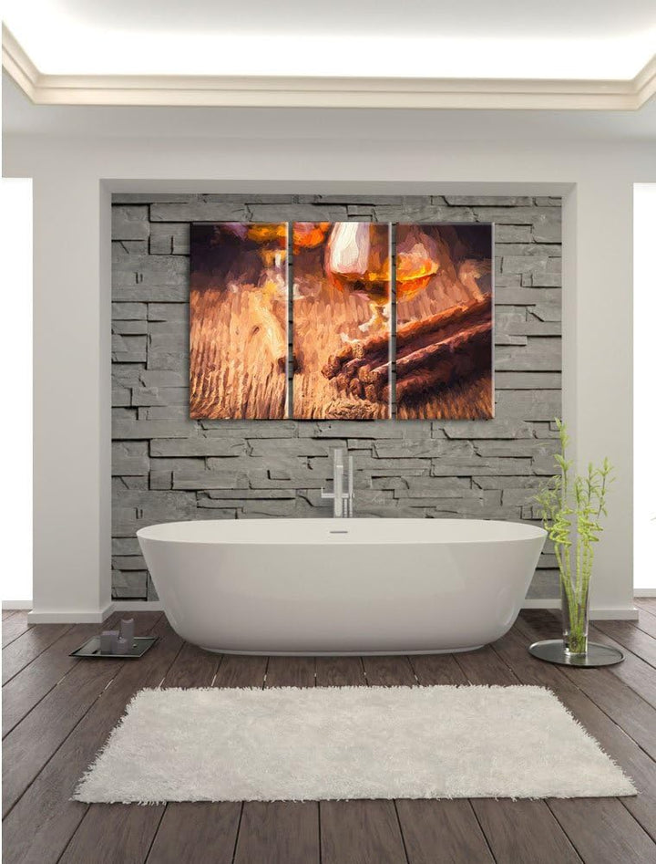 Pixxprint Whisky und Zigarre Pinsel Effekt 3-Teiler Leinwandbild 120x80 Bild auf Leinwand