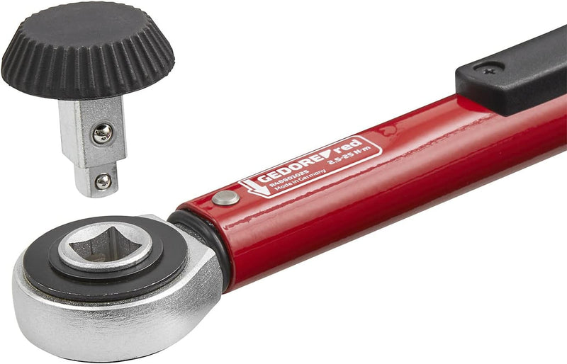 GEDORE red Fahrrad Werkzeugset mit 1/4" Drehmomentschlüssel, 21-teilig, 2,5-25 Nm, 3/8" Adapter, Kar