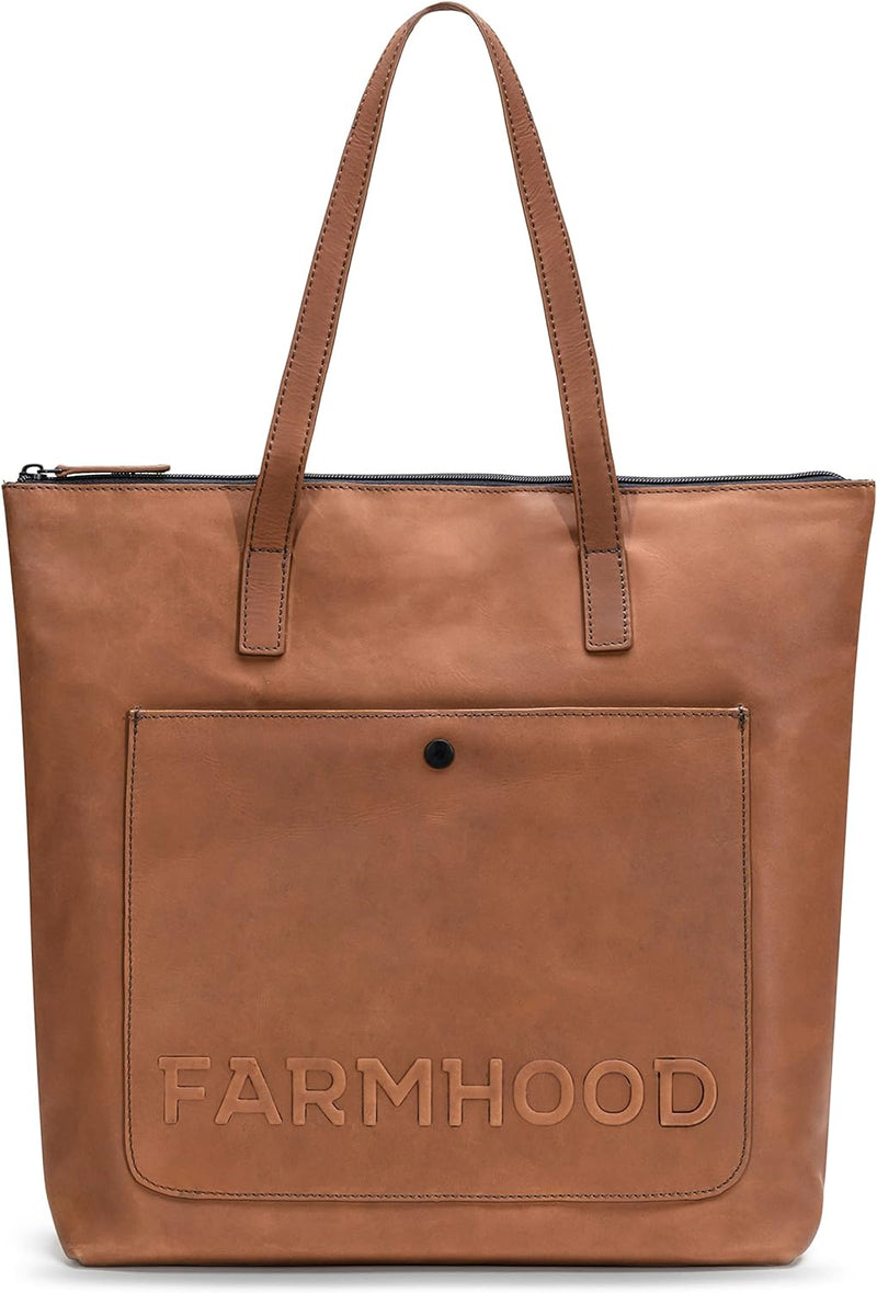 FARMHOOD Nashville Leder Shopper Tasche Damen | grosse Schultertasche mit Reissverschluss & zwei Ste