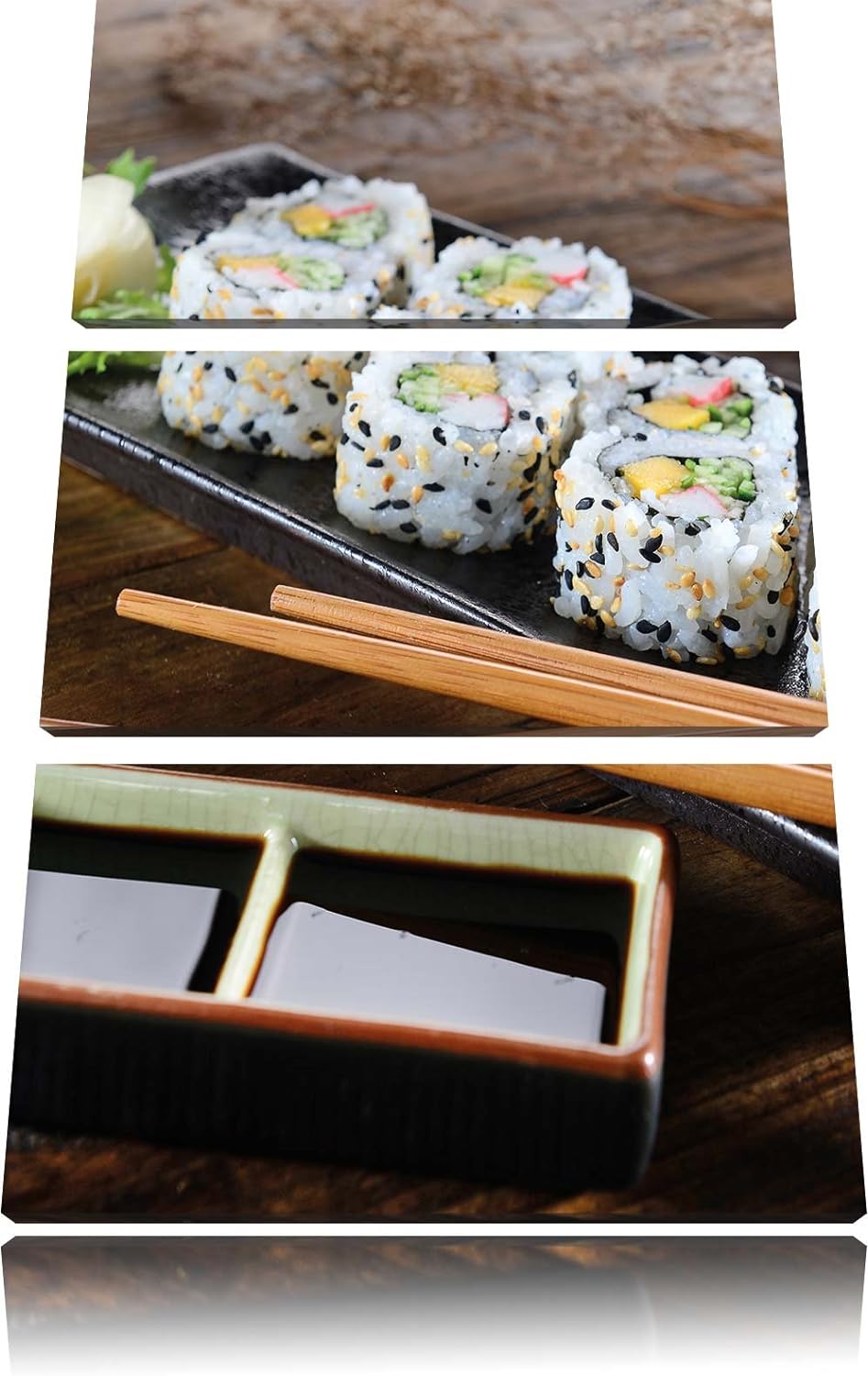 Pixxprint Delikate Inside Out Sushi Rollen als Leinwandbild | Grösse: 3 Teilig (120x80) | Wandbild|