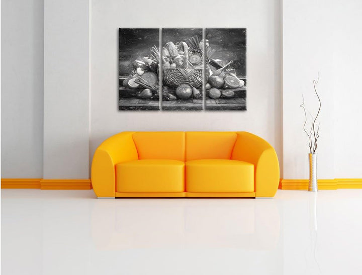 Pixxprint Obst und Gemüse im Korb als Leinwandbild/Grösse: 3 Teilig (120x80 cm) cm/Wandbild/Kunstdru