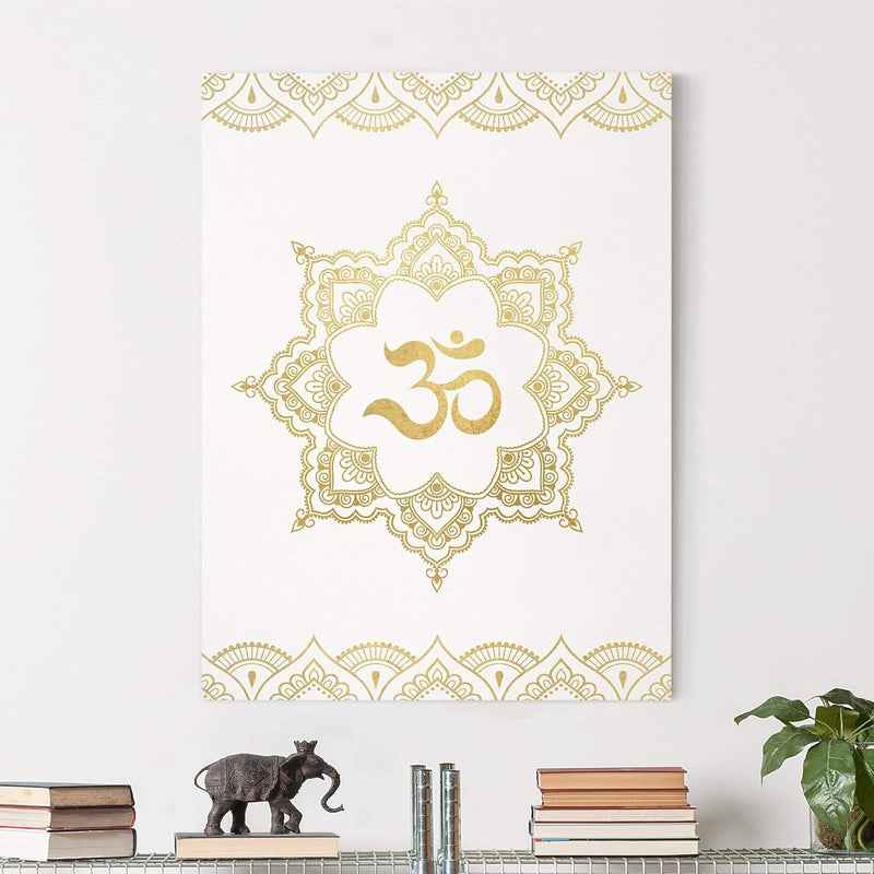 Bilderwelten Leinwandbild - Mandala OM Ornament weiss Gold - 80 x 60cm - Recycled Canvas 80cm x 60cm