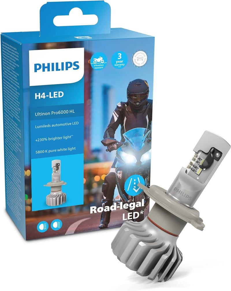 Philips Ultinon Pro6000 H4-LED Motorrad Scheinwerferlampe mit Strassenzulassung, 230% helleres Licht