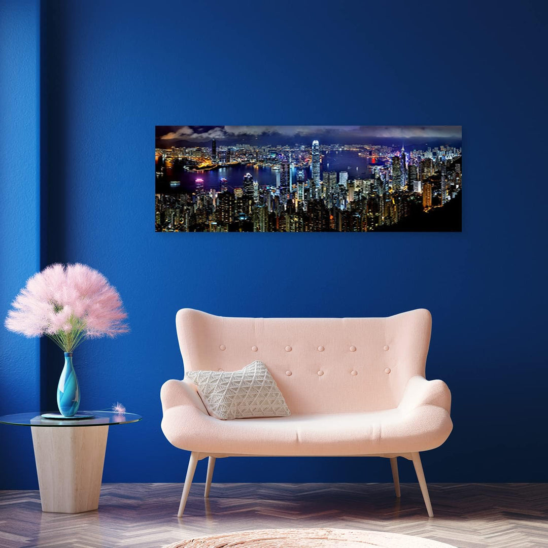 Feeby Vlies Leinwandbild Stadtbild Hongkong Skyline 150x50 cm Wanddeko Design Kunstdruck Zimmerdeko
