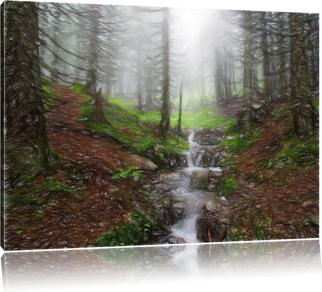 Pixxprint Bach im Wald / 100x70cm Leinwandbild bespannt auf Holzrahmen/Wandbild Kunstdruck Dekoratio