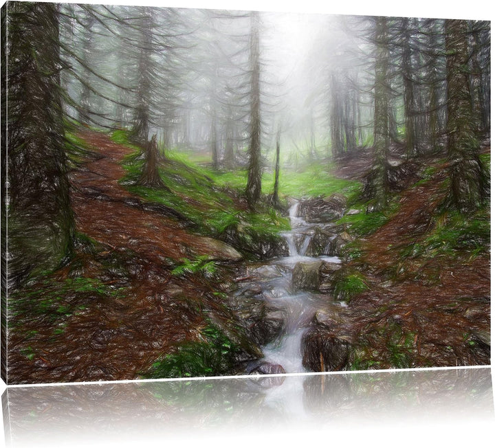 Pixxprint Bach im Wald / 100x70cm Leinwandbild bespannt auf Holzrahmen/Wandbild Kunstdruck Dekoratio