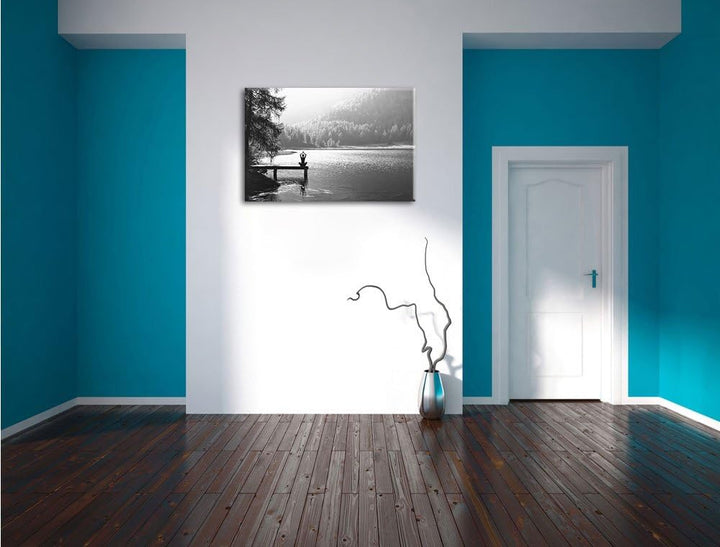 Yoga am See Kunst B&W, Format: 100x70 auf Leinwand, XXL riesige Bilder fertig gerahmt mit Keilrahmen