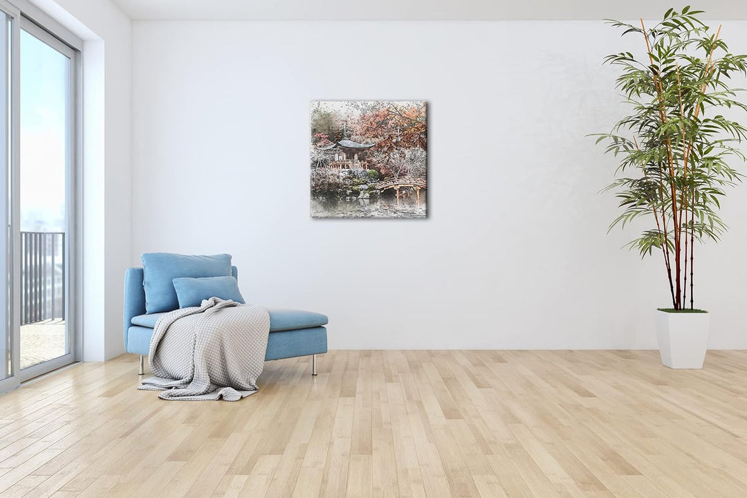 traditionell japanischer Garten Format: 70x70 als Leinwandbild, Motiv fertig gerahmt auf Echtholzrah