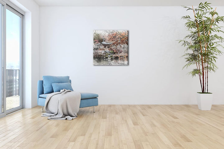 traditionell japanischer Garten Format: 70x70 als Leinwandbild, Motiv fertig gerahmt auf Echtholzrah