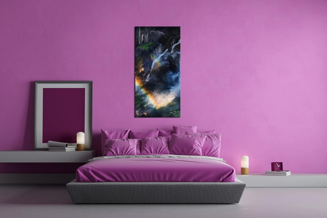 Regenbogen am Wasserfall Panorama 80x40 cm als Leinwandbild, Motiv fertig gerahmt auf Echtholzrahmen