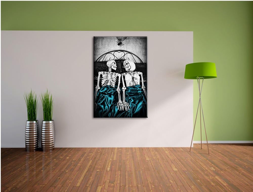 Horror Paar im heimischen Schlafzimmer schwarz/weiss Format: 100x70 auf Leinwand, XXL riesige Bilder