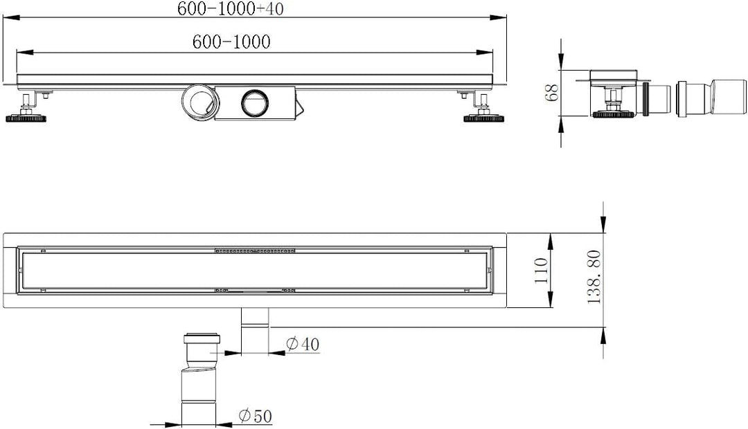 Elbe Duschrinne 60 cm aus Edelstahl, Weissglass Abdeckung, Duschablauf mit Siphon und Haarsieb, Abla