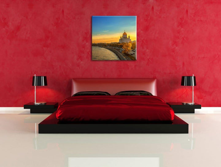 Sonnenuntergang in Moskau, Format: 70x70 auf Leinwand, XXL riesige Bilder fertig gerahmt mit Keilrah