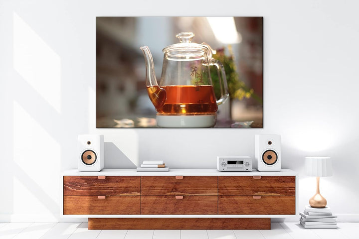 deyoli schwarzer Tee in eleganter Glaskanne im Format: 80x60 als Leinwandbild, Motiv fertig gerahmt