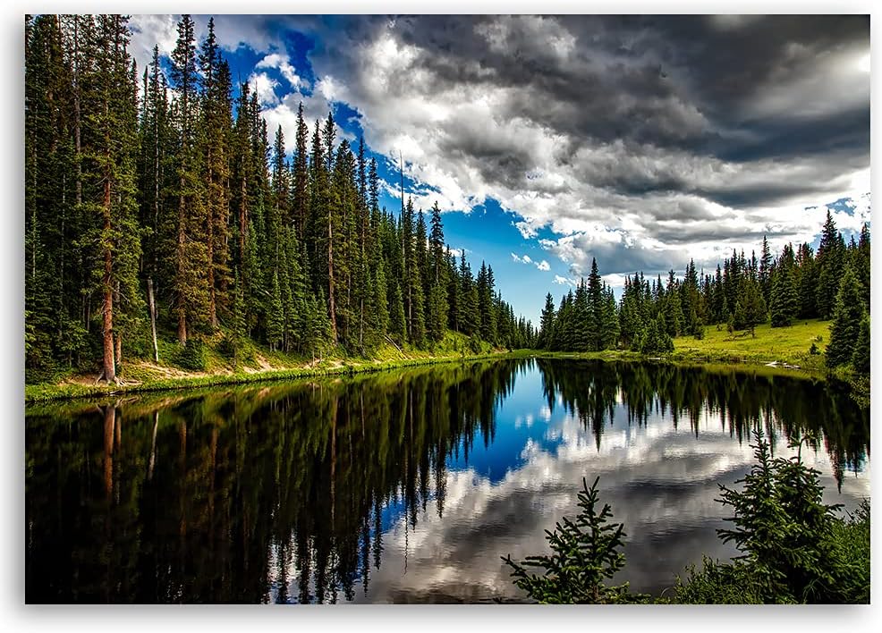 Feeby Vlies Leinwandbild Natur See 90x60 cm Wand Bild Kunstdruck Deko Wohnzimmer Wohnungs Deko Bäume