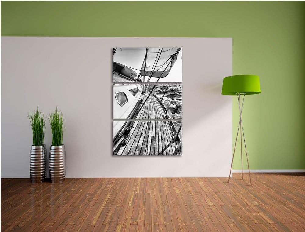Pixxprint Monocrome, Segelboot im Meer 3-Teiler Leinwandbild 120x80 Bild auf Leinwand
