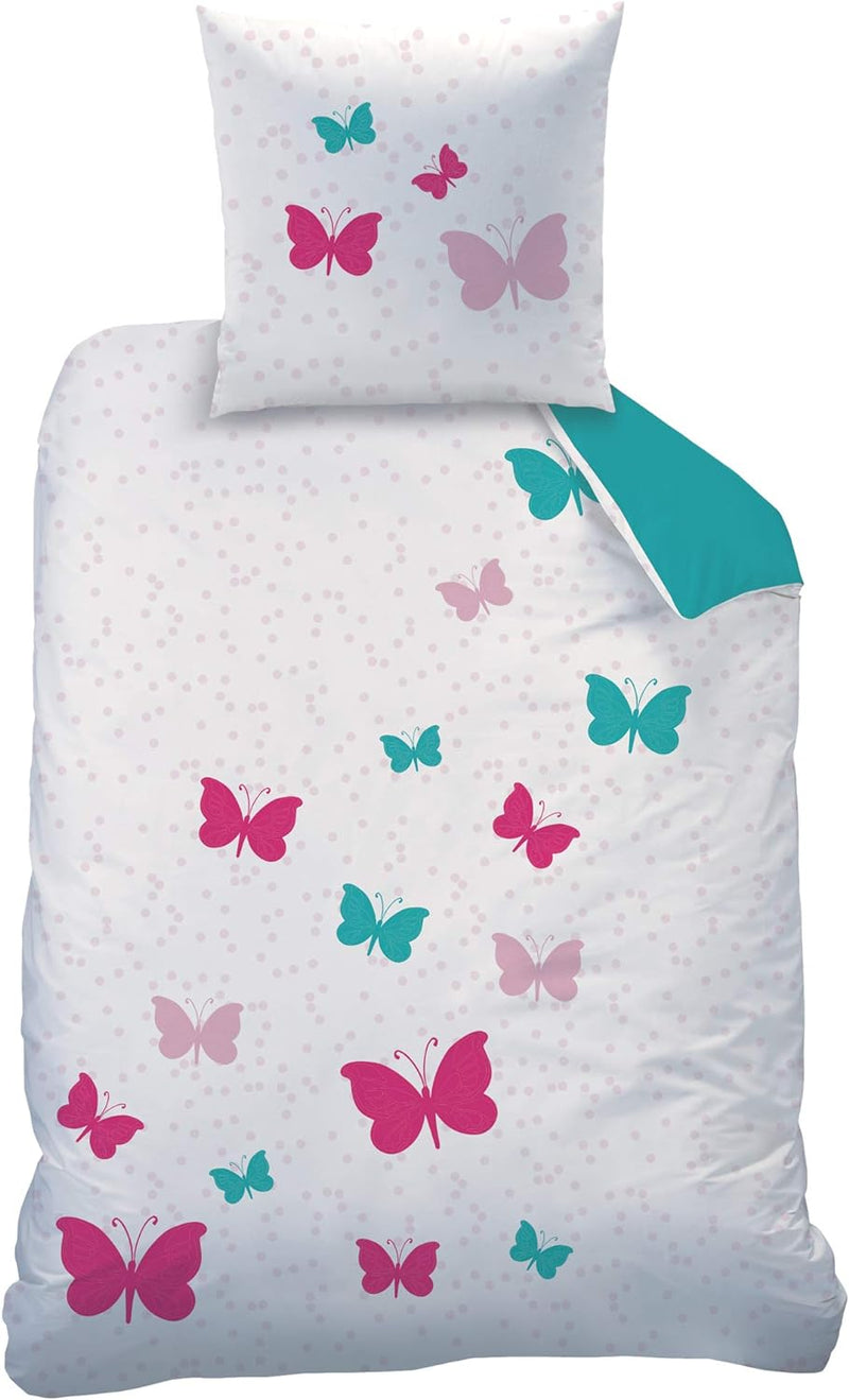 CTI - Bettwäsche Set Schmetterlinge 135x200 cm 80x80 cm Baumwolle türkis rosa Linon Wendebettwäsche