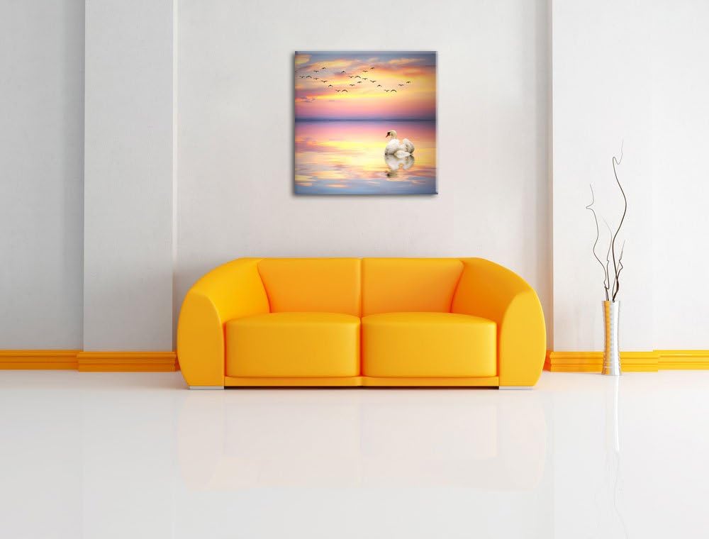 Schwan bei Sonnenuntergang, Format: 70x70 auf Leinwand, XXL riesige Bilder fertig gerahmt mit Keilra