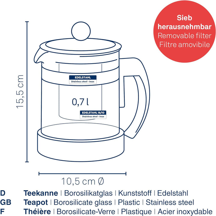 Kela 11457 Teekanne aus Glas mit Edelstahl-Siebeinsatz, 0.7 l, Auron 0,7 L Auron, 0,7 L Auron