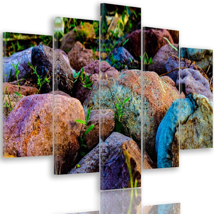 Feeby Bild auf Leinwand Natur 5 Teilig Modern Steine Gras Landschaft bunt 150x100 cm Leinwandbild 15