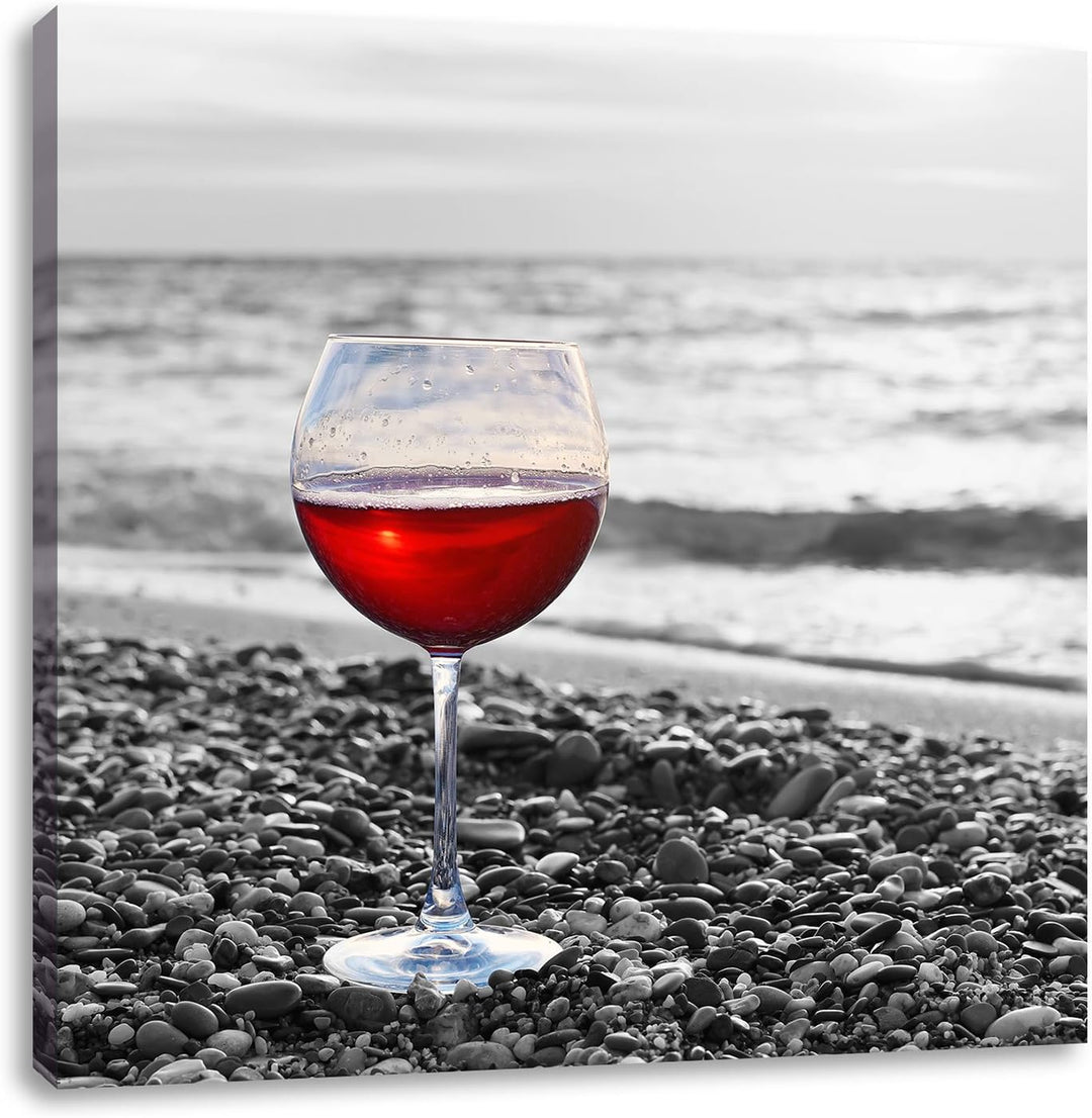 Pixxprint Weinglas am Strand als Leinwandbild/Grösse: 70x70 cm/Wandbild/Kunstdruck/fertig bespannt,