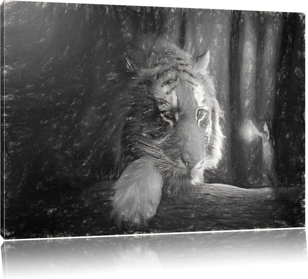 Pixxprint Eine Frau und EIN Riesen-Tiger / 100x70cm Leinwandbild bespannt auf Holzrahmen/Wandbild Ku