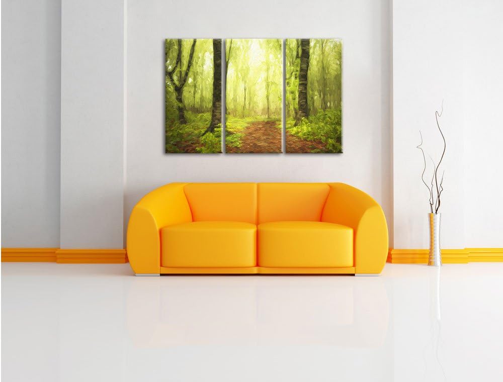 Pixxprint Sonniger Weg im atemberaubenden Wald Pinsel Effekt 3-Teiler Leinwandbild 120x80 Bild auf L