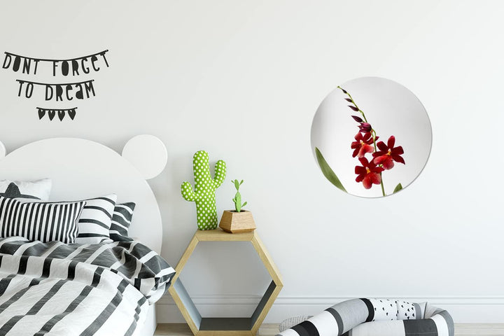 MuchoWow Wandbild Rund Wanddeko Deko Wohnzimmer Bilder 30x30 cm Rote Orchidee mit Blättern auf weiss