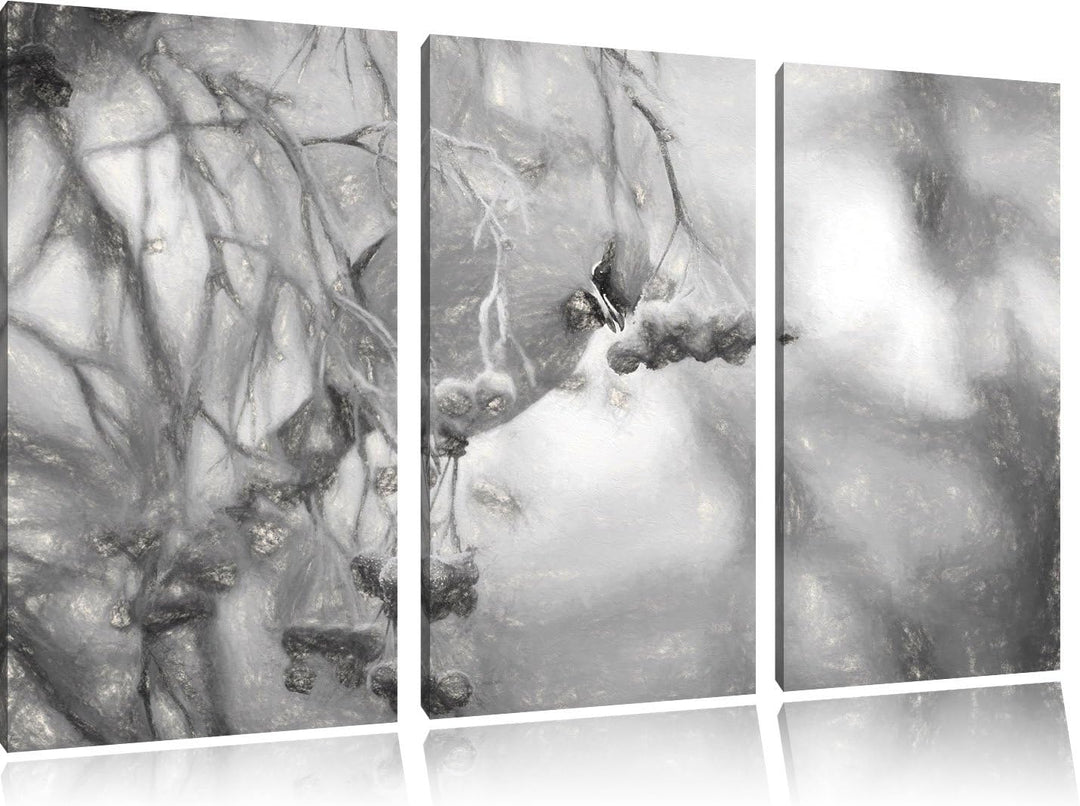 Pixxprint Kleiner Vogel im Vogelbeerbaum Kohle Zeichnung Effekt 3-Teiler Leinwandbild 120x80 Bild au