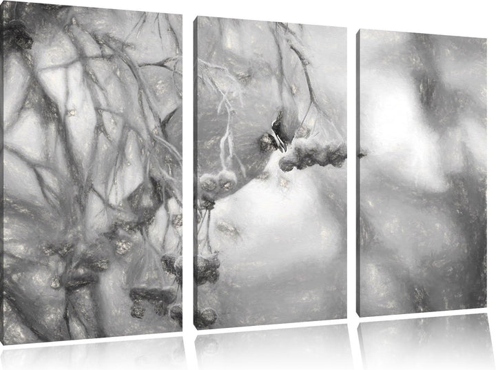 Pixxprint Kleiner Vogel im Vogelbeerbaum Kohle Zeichnung Effekt 3-Teiler Leinwandbild 120x80 Bild au