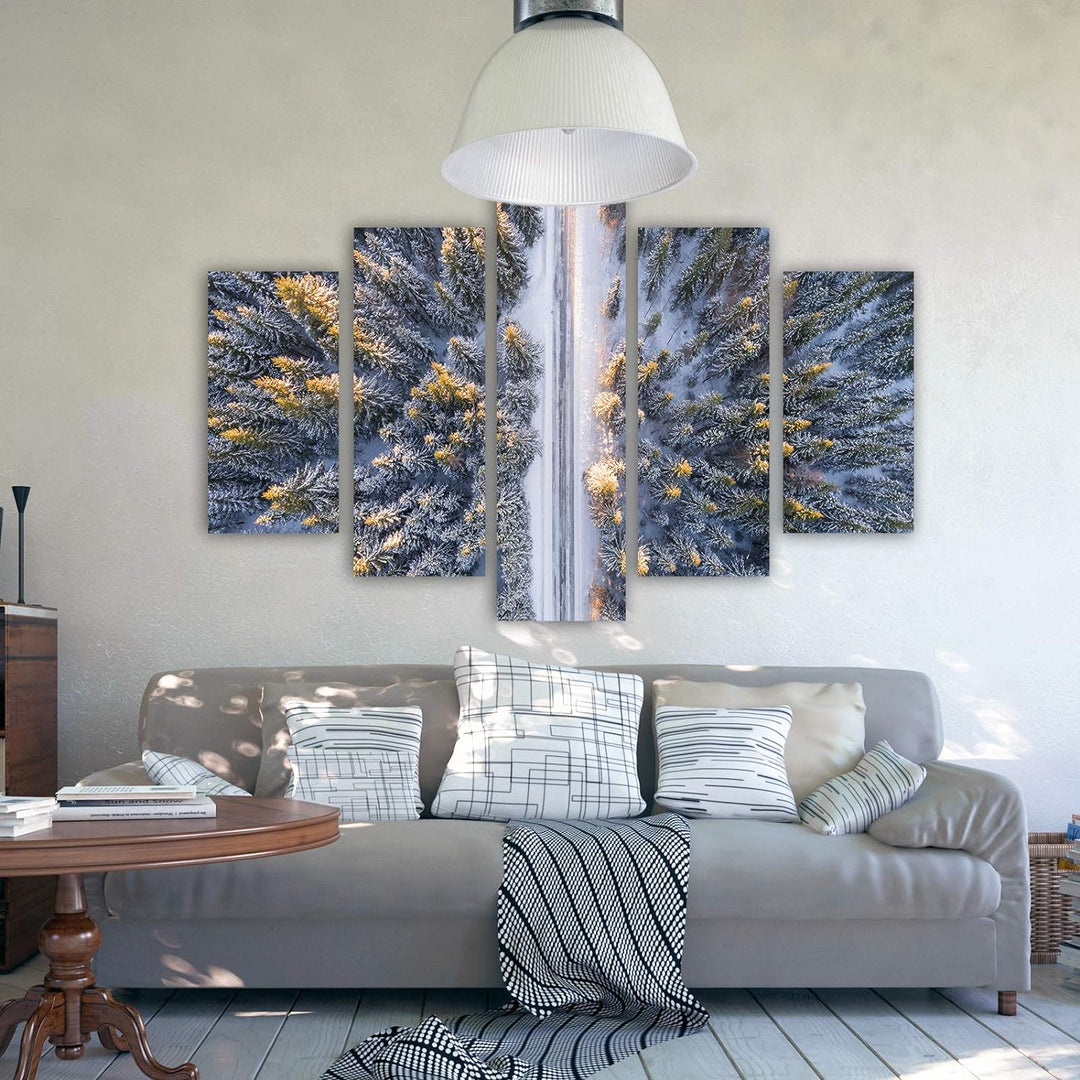 Feeby Wanddeko XXL Landschaft Leinwandbild 5 Teilig Winter Wald Bäume Weg bunt 100x70 cm Leinwandbil
