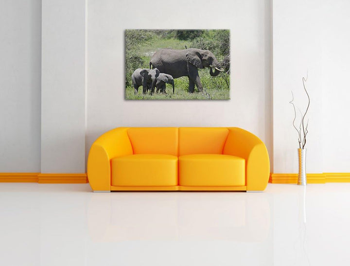 friedliche Elefantenfamilie Leinwand, XXL riesige Bilder fertig gerahmt mit Keilrahmen, Kunstdruck a