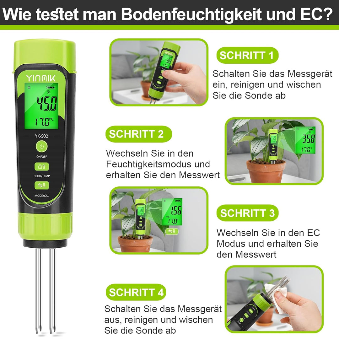Digitales Boden-Feuchtigkeitsmessgerät, Boden-Feuchtigkeitsmesser für Pflanzen, EC Tester zur Topfpf