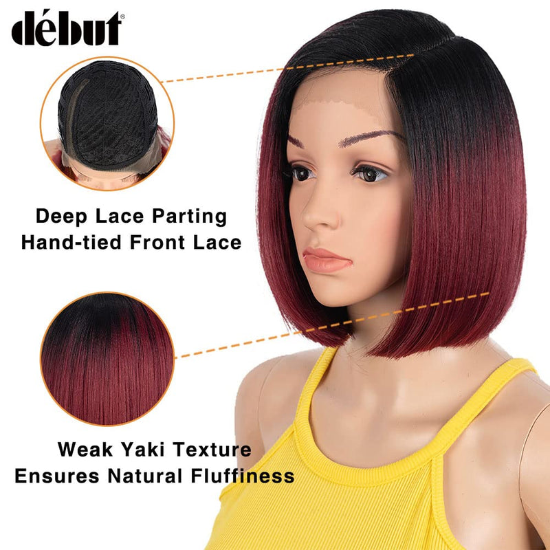 Début Lace Front Perücke für schwarze Damen Bob Perücke für weisse Damen Kunsthaar 24 cm 120g Rot Gl
