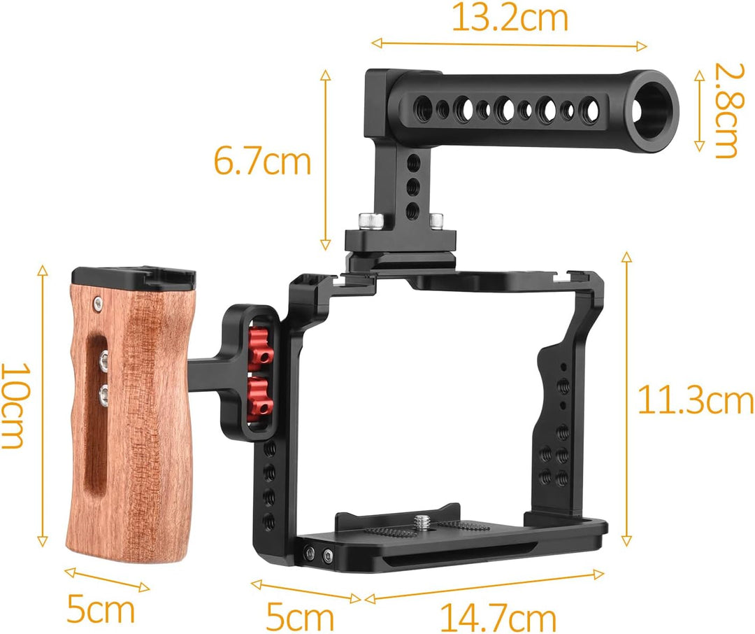 Andoer Andoer Camera Video Cage + Handle + Side Wooden Grip Kit Aluminiumlegierung mit Dual Cold Sho
