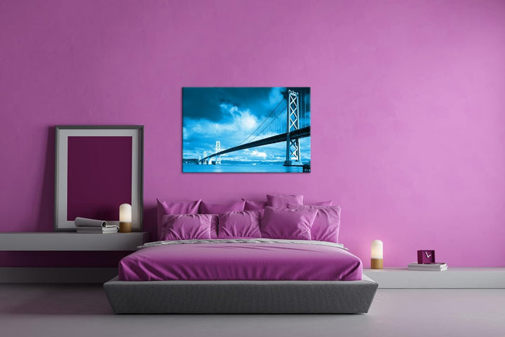 deyoli Hängebrücke im Kalifornien Format 80x60 Effekt: Monocrome Blau als Leinwandbild, Motiv fertig