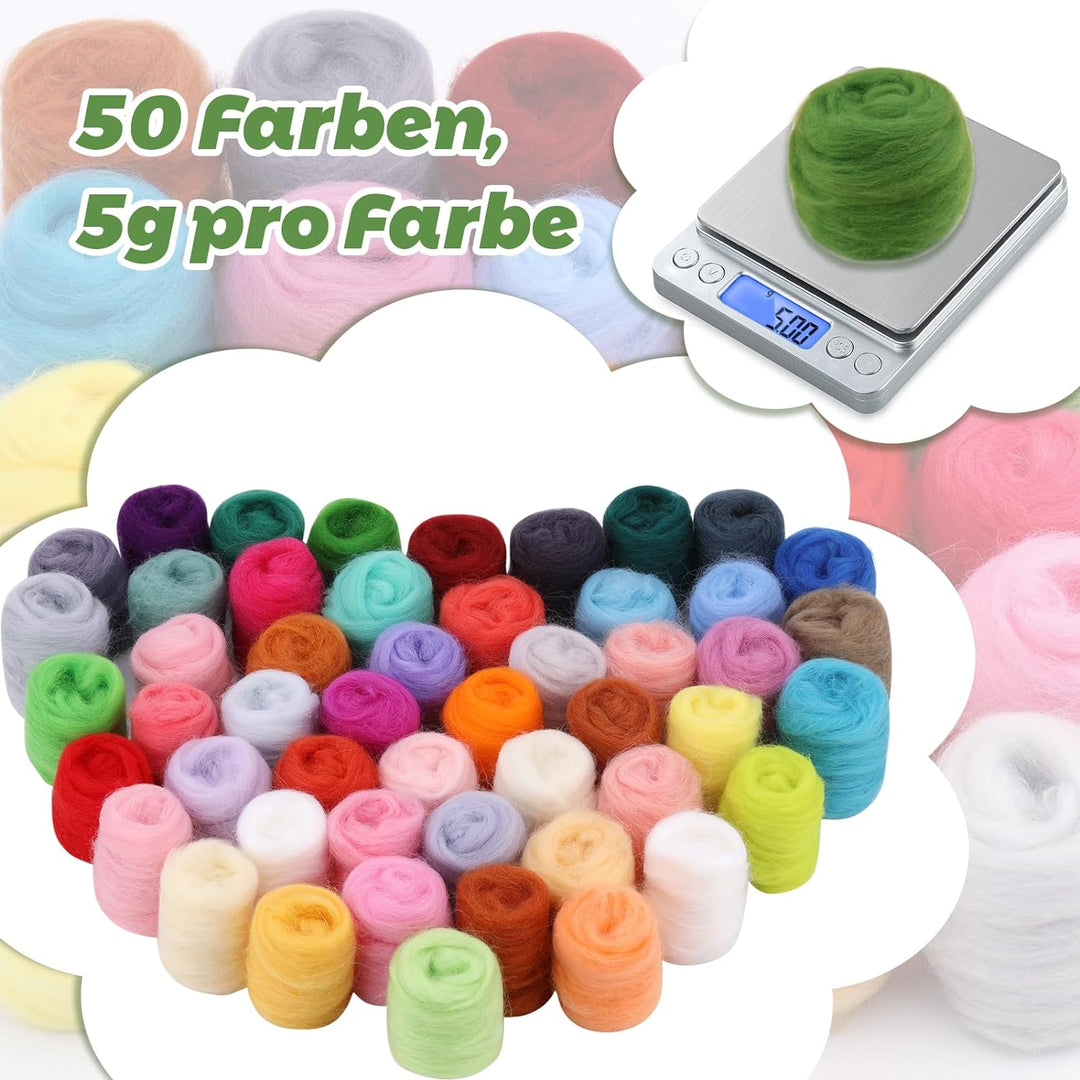 50 Farben Nadelfilz Set, Nadel Filz Wolle Nadelfilz Starter Set, 50 Farben Wolle Roving je 5 g, Grun