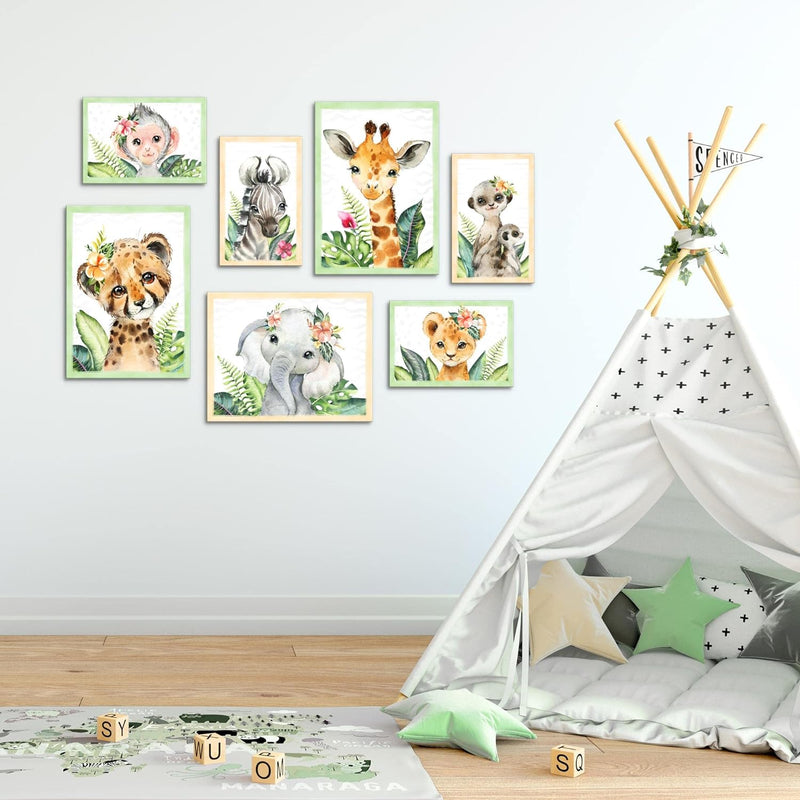 Novart Wandbilder Tiere Afrika - KOMPLETT AUFHÄNGFERTIG - Grau Kinderzimmer Mädchen Junge- 7 Moderne