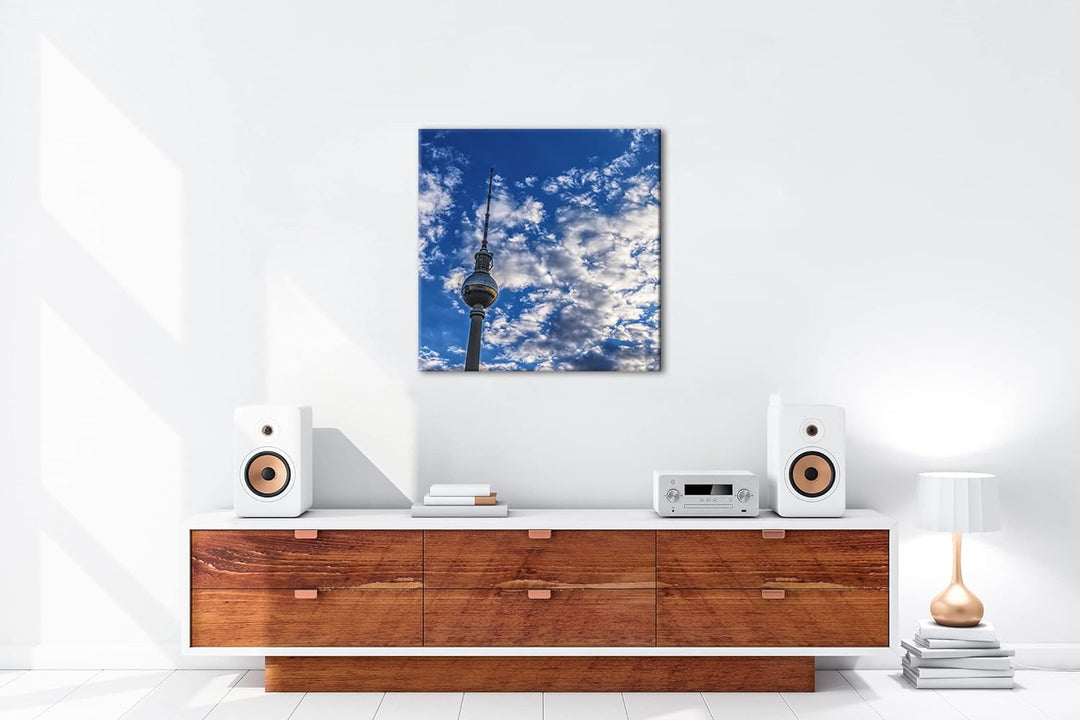 Spitze des Berliner Fernsehturms Format: 70x70 cm als Leinwandbild, Motiv fertig gerahmt auf Echthol